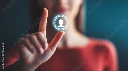 Person touching a virtual onboarding icon, symbolizing new employee integration with HR, skills, and behavior training in a business setting.