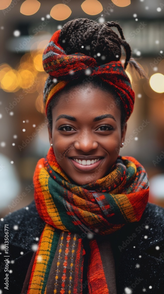A Black woman celebrates the joy of Kwanzaa, exuding happiness in a festive atmosphere A Black woman celebrates the joy of Kwanzaa, exuding happiness in a festive atmosphere