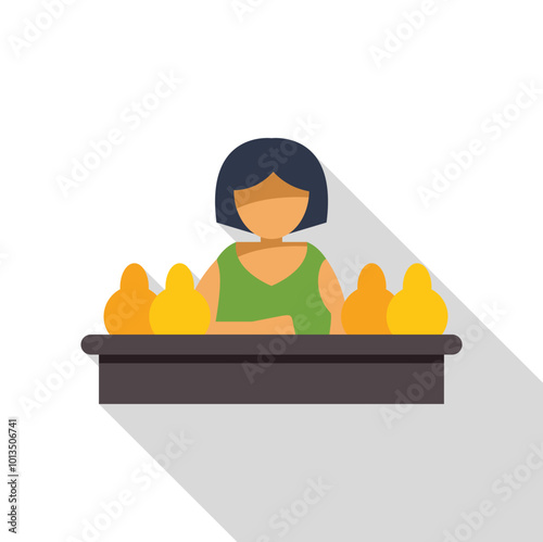 Female shopkeeper is standing at her counter selling fresh mango fruit at a market stall