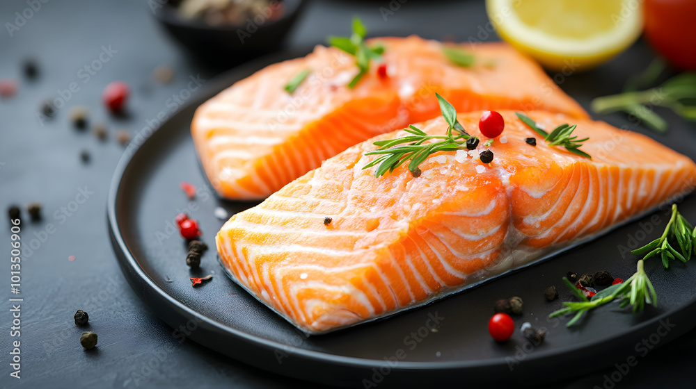 Fresh salmon fillets with herbs and spices on black plate Fresh salmon fillets with herbs and spices on black plate