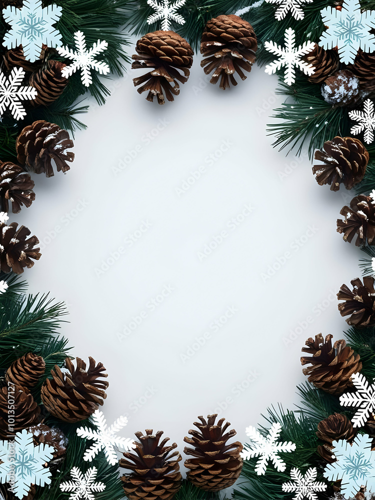 Flat Vector Illustration of Snowflakes and Pinecones Border Framing Copy Space for Winter Product Display - Ideal for E-commerce Banners and Seasonal Promotions Flat Vector Illustration of Snowflakes and Pinecones Border Framing Copy Space for Winter Product Display - Ideal for E-commerce Banners and Seasonal Promotions