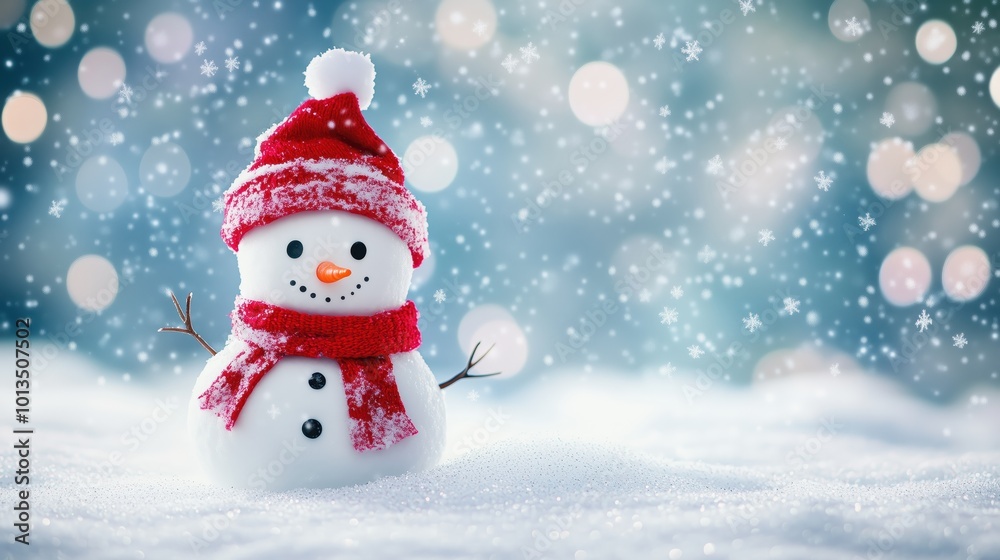 Adorable Snowman Wearing Red Hat and Scarf in Winter Wonderland with Falling Snowflakes and Soft Bokeh Background Adorable Snowman Wearing Red Hat and Scarf in Winter Wonderland with Falling Snowflakes and Soft Bokeh Background
