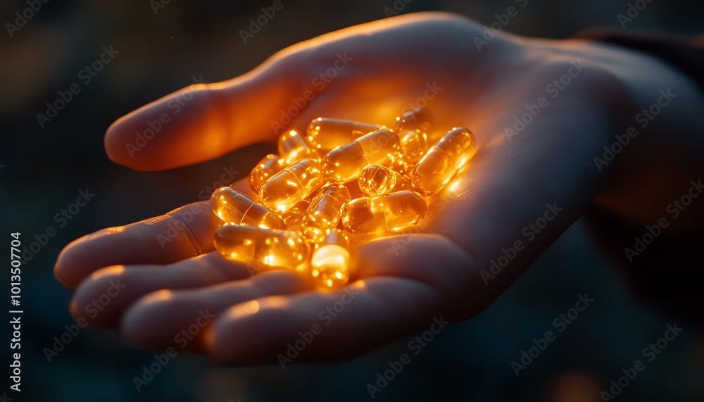 Closeup of a hand holding capsules, glowing with a revolutionary new medicine treatment concept Closeup of a hand holding capsules, glowing with a revolutionary new medicine treatment concept