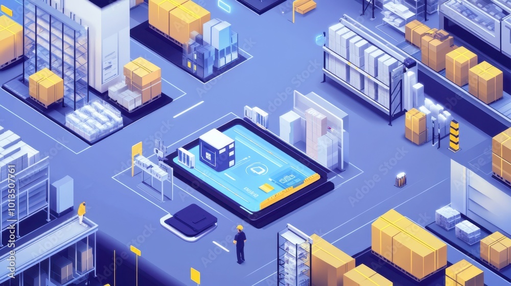 Smart warehouse with AR technology, showcasing package picking and delivery optimization in futuristic logistics management. Smart warehouse with AR technology, showcasing package picking and delivery optimization in futuristic logistics management.