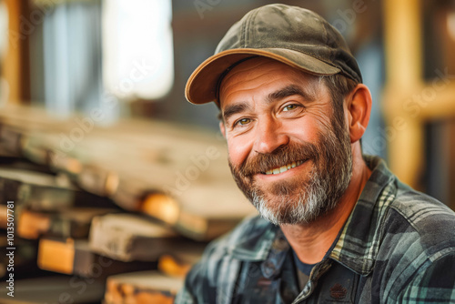 Portrait of carpenter handsome man smiling at factory