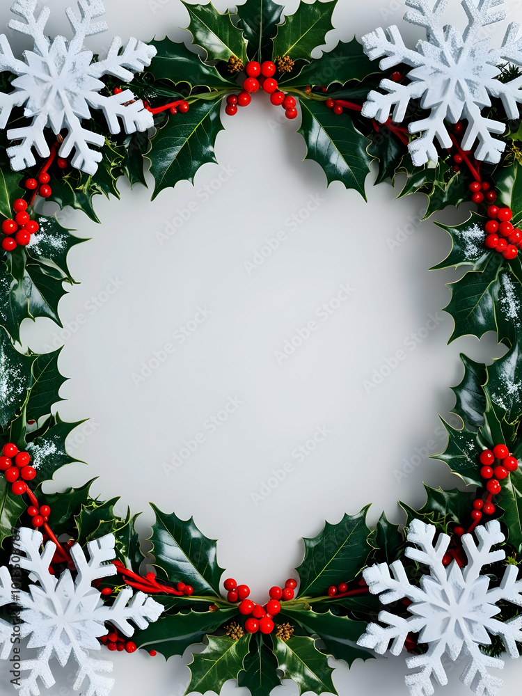 Festive Winter Border with Snowflakes and Holly Wreath - Creative Copy Space for Holiday Text and Product Highlights in Photo Stock Festive Winter Border with Snowflakes and Holly Wreath - Creative Copy Space for Holiday Text and Product Highlights in Photo Stock