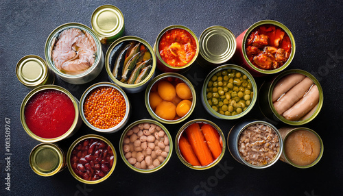 Assorted canned food and seafood in tin cans on dark background, top view