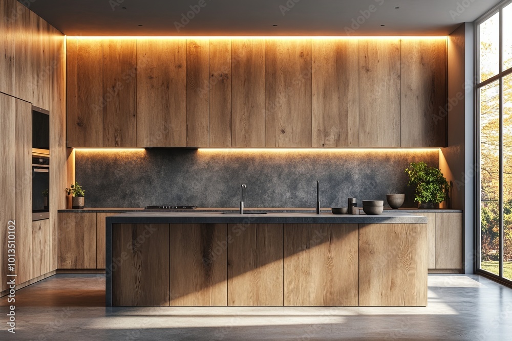 Modern wooden kitchen cabinets and grey backsplash in a minimalist kitchen. Light setting. Interior design concept.  3D Rendering, Generative AI