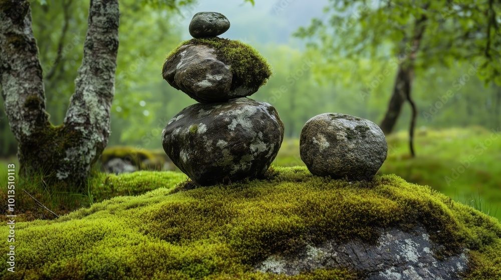 Balanced Stack of Moss-Covered Rocks on Forest Floor After Rain, Surrounded by Lush Greenery and Trees Balanced Stack of Moss-Covered Rocks on Forest Floor After Rain, Surrounded by Lush Greenery and Trees