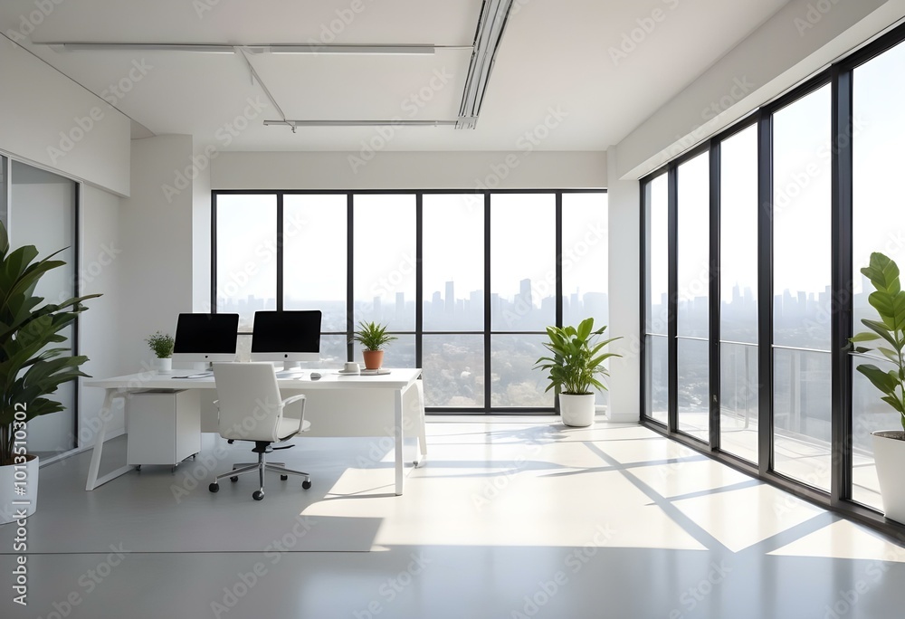 A modern, minimalist office space with large windows, a white desk, and a potted plant. A modern, minimalist office space with large windows, a white desk, and a potted plant.