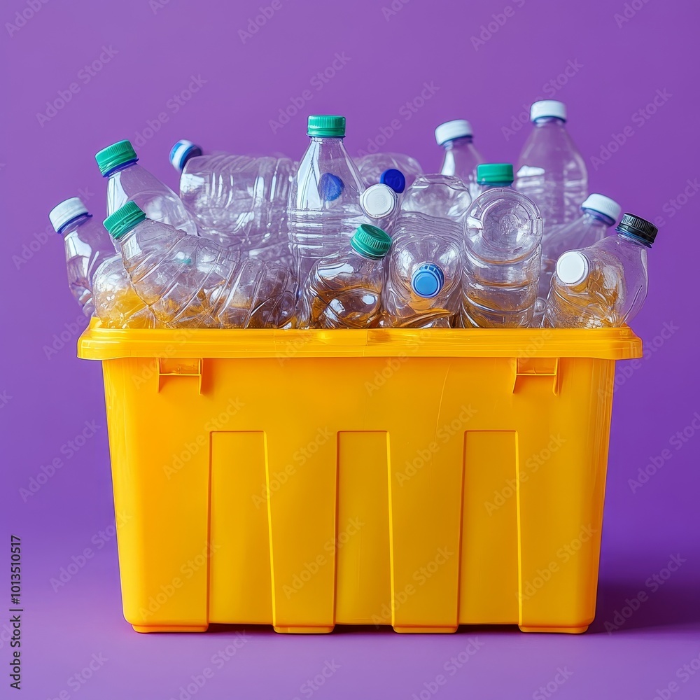 Yellow trash big full of plastic bottles, empty purple background, Generative AI Yellow trash big full of plastic bottles, empty purple background, Generative AI