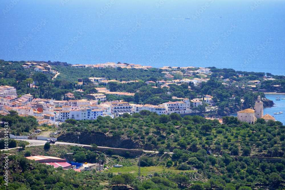 view from the hills to the village Cadaqués at the Mediterranean Sea, landscape with hills and trees, Catalonia, Spain view from the hills to the village Cadaqués at the Mediterranean Sea, landscape with hills and trees, Catalonia, Spain