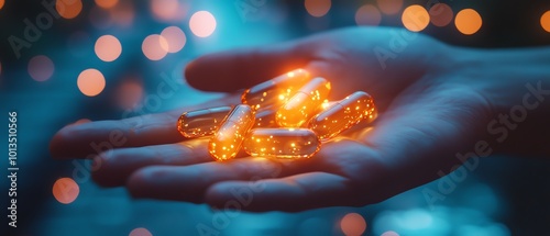 Glowing capsules resting in an outstretched hand, highlighting a revolutionary new medical treatment innovation photo