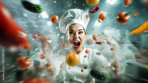 In a dynamic kitchen environment, a chef enthusiastically throws various vibrant vegetables into the air, showcasing their culinary creativity and energy, surrounded by a flurry of action