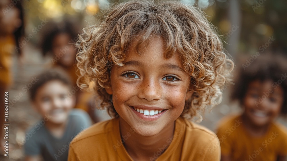 A smiling child with curly hair in a playful outdoor setting, surrounded by friends. A smiling child with curly hair in a playful outdoor setting, surrounded by friends.