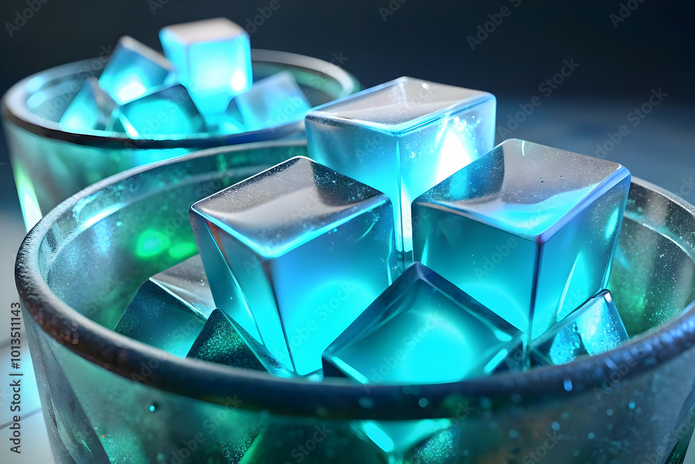Macro Shot of Radiant Glowing Ice Cubes in a Futuristic Drink: Captivating Close-Up of Textured Ice for a Winter-Themed Concept Macro Shot of Radiant Glowing Ice Cubes in a Futuristic Drink: Captivating Close-Up of Textured Ice for a Winter-Themed Concept