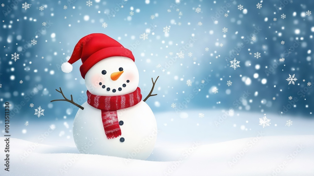 Adorable Snowman With Red Hat and Scarf in a Magical Snowy Winter Wonderland Surrounded by Falling Snowflakes Adorable Snowman With Red Hat and Scarf in a Magical Snowy Winter Wonderland Surrounded by Falling Snowflakes