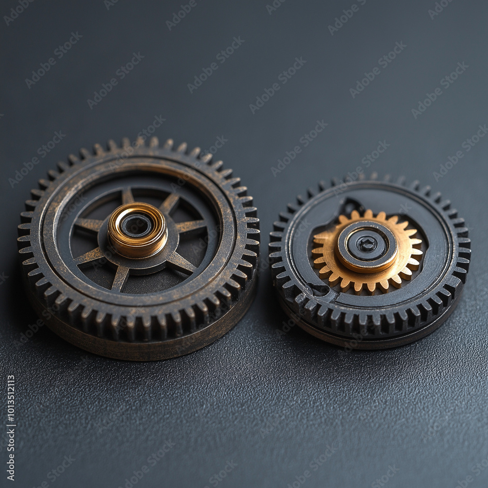 two modern cogs side by side with a smaller cog connected two modern cogs side by side with a smaller cog connected