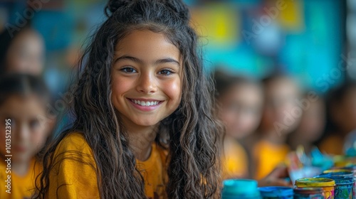 A smiling girl engaged in art activities with classmates in a colorful classroom.