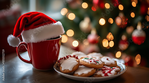 Steaming cup of coffee with Santa’s hat perched on the rim, set next to a plate of Christmas cookies and a lit Christmas tree in the background, Generative AI