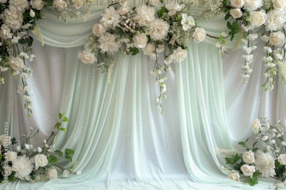 Floral arrangement of white roses, peonies, and greenery against a backdrop of soft draped pastel green fabric. Wedding decoration. Generative AI Floral arrangement of white roses, peonies, and greenery against a backdrop of soft draped pastel green fabric. Wedding decoration. Generative AI