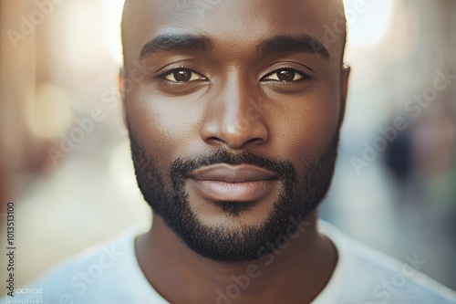 Closeup portrait of a young man looking at camera with a serious expression.