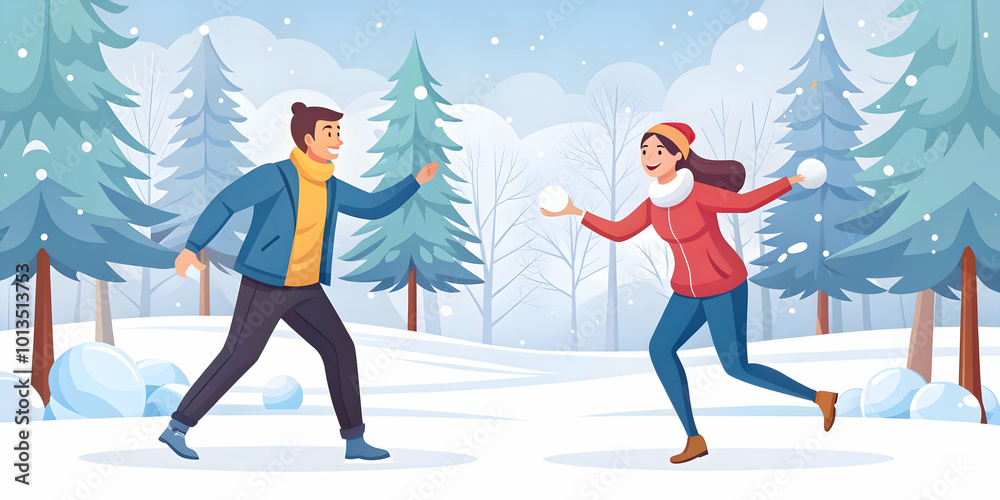 Candid Moment: Flat Couple Enjoying a Joyful Snowball Fight in a Winter Forest - Ideal for Romantic Winter Campaigns Candid Moment: Flat Couple Enjoying a Joyful Snowball Fight in a Winter Forest - Ideal for Romantic Winter Campaigns