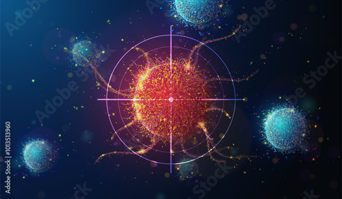 Abstract illustration of targeting cancer cell made of glowing neon particles. Blue geometric background depicting cancer cell screening and disease treatment medical concept