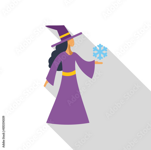 Beautiful young witch casting a spell conjuring snowflake with magic wand