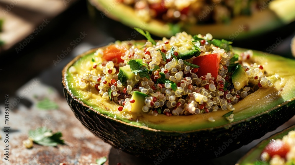 Avocado halves filled with vibrant quinoa salad on a rustic kitchen table illuminated by warm morning sunlight Avocado halves filled with vibrant quinoa salad on a rustic kitchen table illuminated by warm morning sunlight