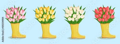 Spring bouquets with tulips in a rubber boot. Floral plants with bright flowers. Botanical vector illustration on isolated background for women's day, mother's day, easter and other holidays.