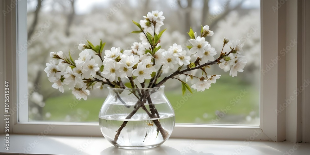 White cherry blossom flowers in a glass vase on a windowsill, with a blurred outdoor scene visible through the window. White cherry blossom flowers in a glass vase on a windowsill, with a blurred outdoor scene visible through the window.