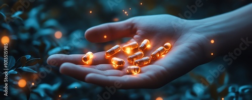 Hand holding glowing medication in the form of capsules, representing a new revolutionary medicine treatment photo