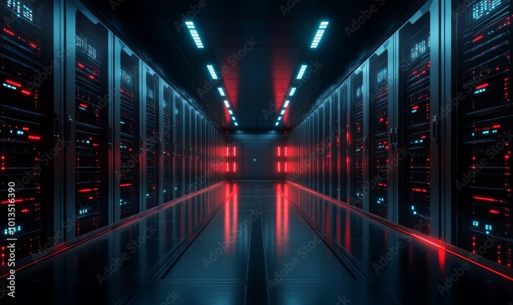Modern Data Technology Center Server Racks Working in Dark Facility. Concept of Internet of Things, Big Data Protection, Cryptocurrency Farm, Cloud Computing. 3D Shot of Information Storage Modern Data Technology Center Server Racks Working in Dark Facility. Concept of Internet of Things, Big Data Protection, Cryptocurrency Farm, Cloud Computing. 3D Shot of Information Storage