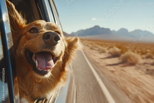 Happy Dog with Head Out of Car Window, Road Trip, Close-up photo