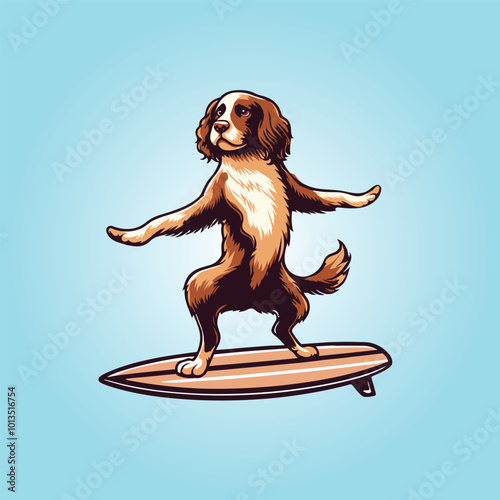 American Water Spaniel Dog Surfing isolated, Dog Surfing vector illustration, Dog standing on surfing board clipart
