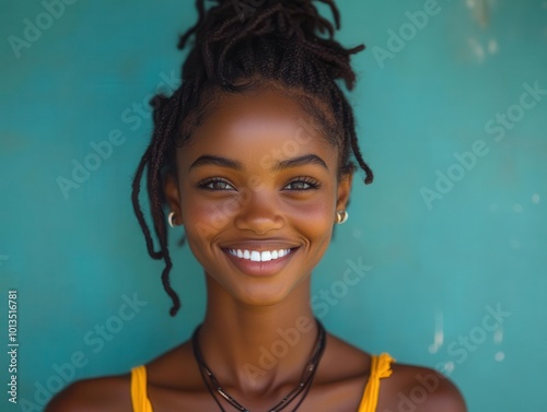 portrait of a smiling bahamian girl ultrarealistic and candid set against a plain solid background capturing the essence of joy and youth in a social mediainspired avatar image photo