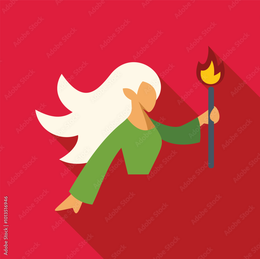 Flat design vector illustration of a blonde woman holding a torch, isolated on a red background with a long shadow Flat design vector illustration of a blonde woman holding a torch, isolated on a red background with a long shadow