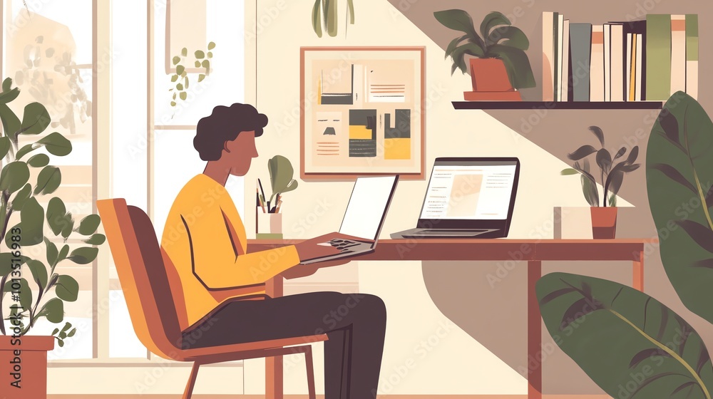 A person sits in a chair at a desk, working on a laptop. A person sits in a chair at a desk, working on a laptop.