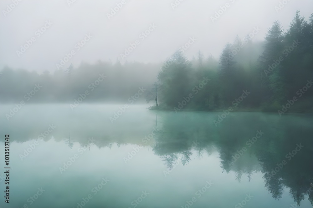 Beautiful lake in misty morning. Mountains and clouds are reflected in the calm water surface. dark forest and lake among low clouds. Nature, ecology, eco tourism Beautiful lake in misty morning. Mountains and clouds are reflected in the calm water surface. dark forest and lake among low clouds. Nature, ecology, eco tourism