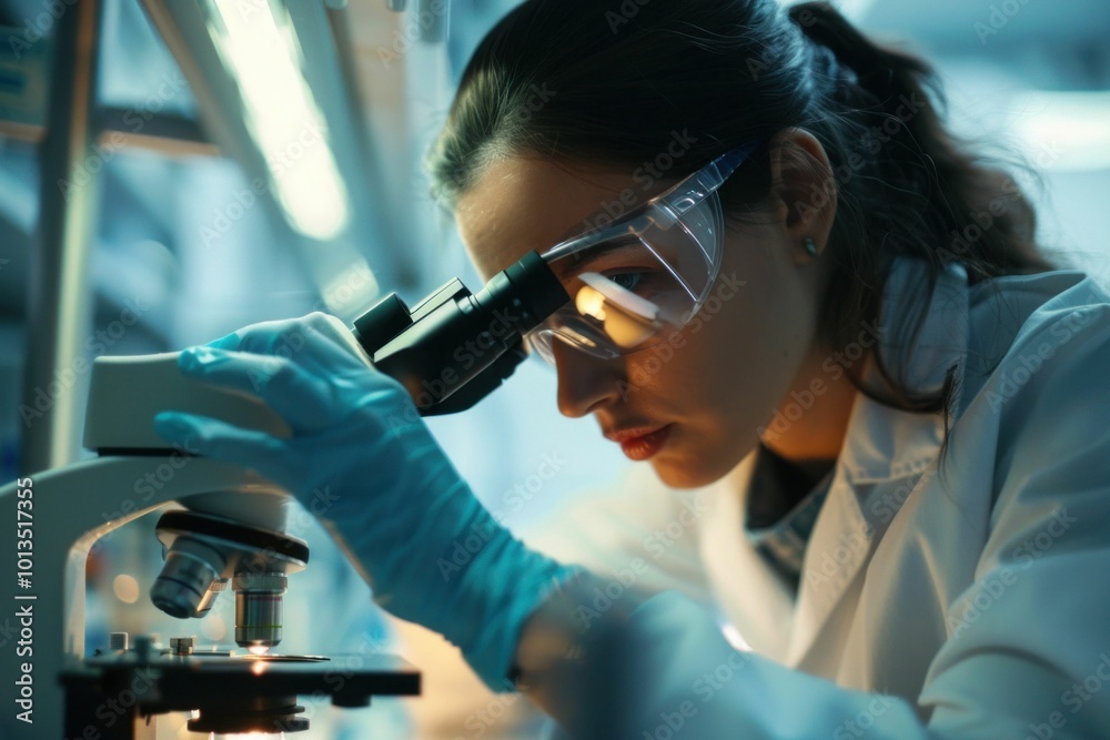 Female scientist examining samples under a microscope in a laboratory setting