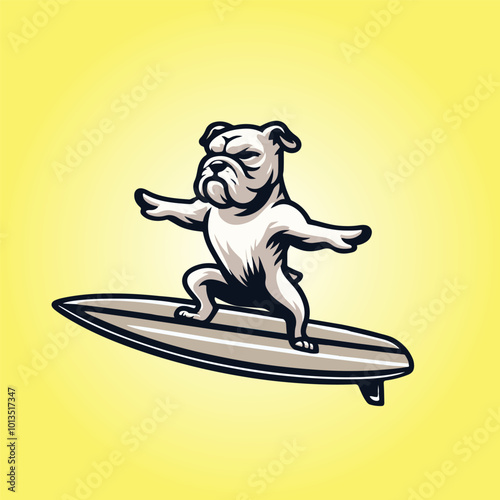 Bulldog Dog Surfing isolated, Dog Surfing vector illustration, Dog standing on surfing board clipart