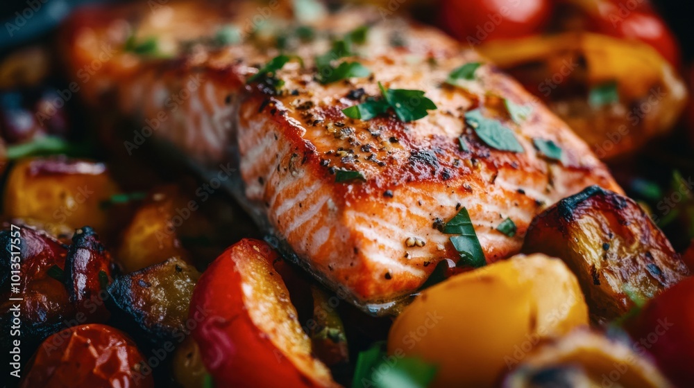 Grilled salmon with roasted vegetables, vibrant colors, warm tones, inviting presentation, culinary delight, fresh and healthy meal option Grilled salmon with roasted vegetables, vibrant colors, warm tones, inviting presentation, culinary delight, fresh and healthy meal option