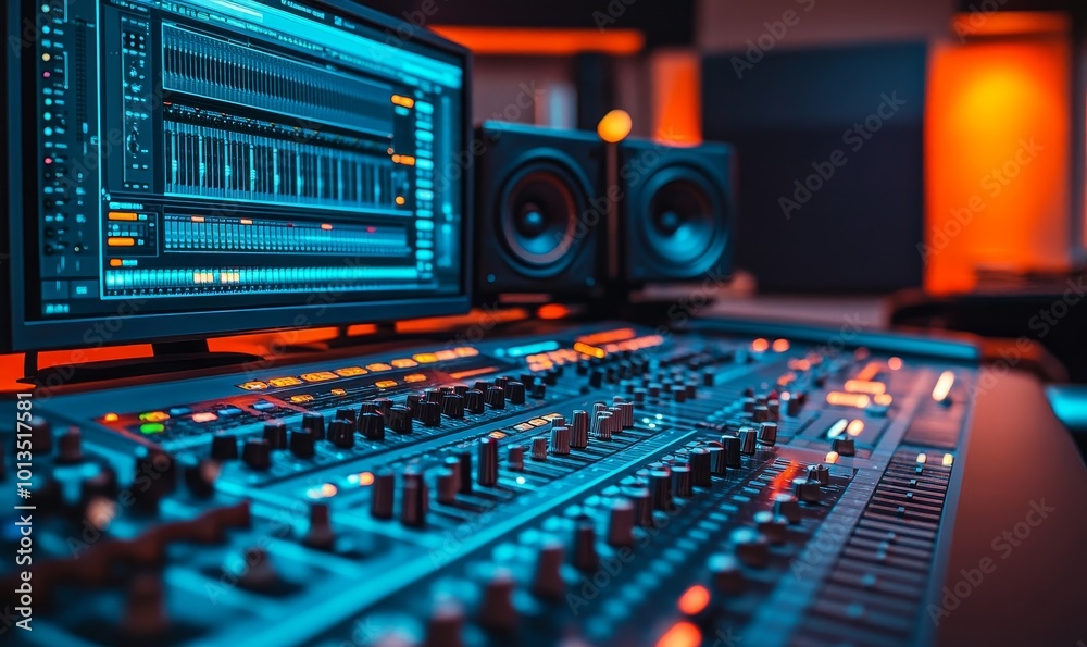 Shot of a Modern Music Record Studio Control Desk with Computer Screen show User Interface of DAW Software with Song Playing. Equalizer, Mixer and other Professional Shot of a Modern Music Record Studio Control Desk with Computer Screen show User Interface of DAW Software with Song Playing. Equalizer, Mixer and other Professional