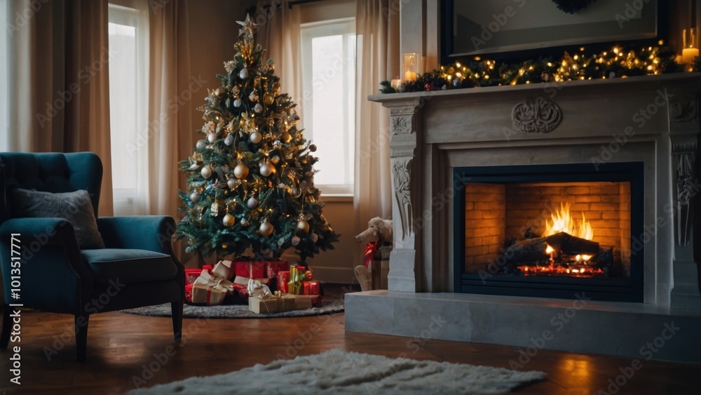 A charming scene filled with the warmth of a fireplace and the festive glow of a Christmas tree A charming scene filled with the warmth of a fireplace and the festive glow of a Christmas tree
