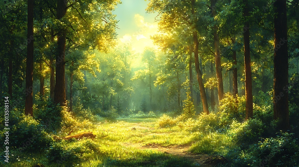 Sunbeams illuminate a path through a lush green forest. Sunbeams illuminate a path through a lush green forest.