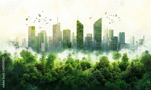 Green city illustration showcasing a harmonious blend of urban architecture and lush greenery. This image represents a sustainable future where cities, Generative AI #1013518129