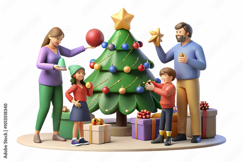 Fototapeta premium Flat Candid Family Joy: Decorating a Christmas Tree at Home � Cozy Indoor Scene with Natural Interactions and Laughter for Winter Holidays and Family Traditions