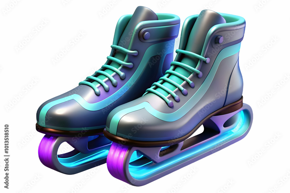 3D Macro Shot of Glowing Digital Ice Skates with Neon Blades - Futuristic High-Tech Design Captured in Extreme Close-Up on White Background 3D Macro Shot of Glowing Digital Ice Skates with Neon Blades - Futuristic High-Tech Design Captured in Extreme Close-Up on White Background