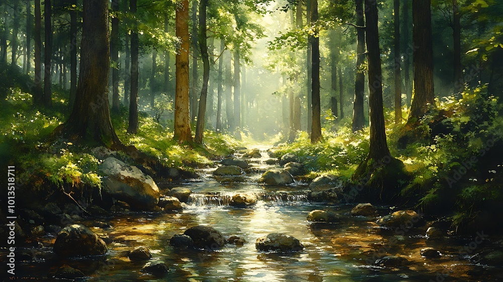 Obraz premium Sunlight streams through a dense forest, illuminating a babbling brook winding its way through mossy rocks and lush greenery.